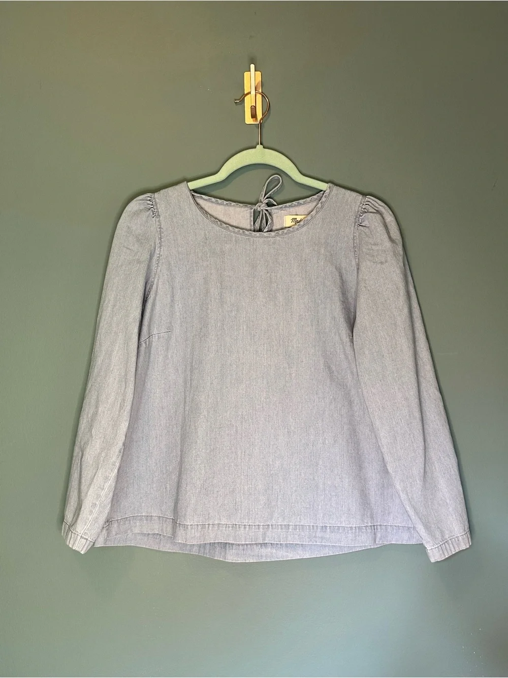 Madewell Light Wash Chambray Denim Puff-Sleeve Swing Shirt Tie Back Size Small